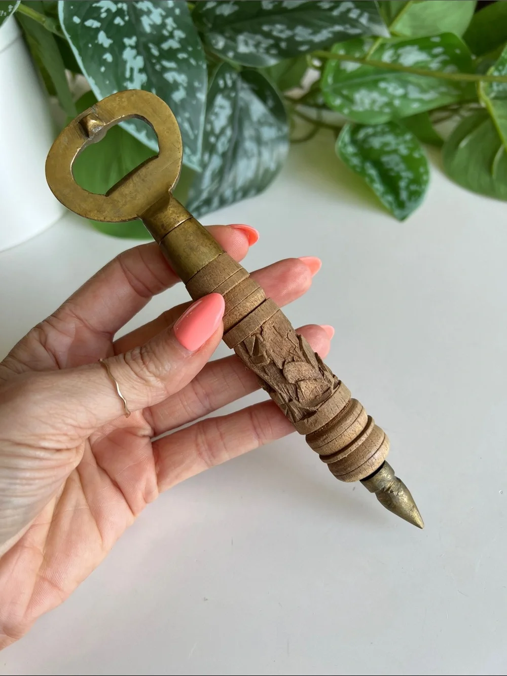 Vintage Brass Carved Wood Bottle Opener Barware